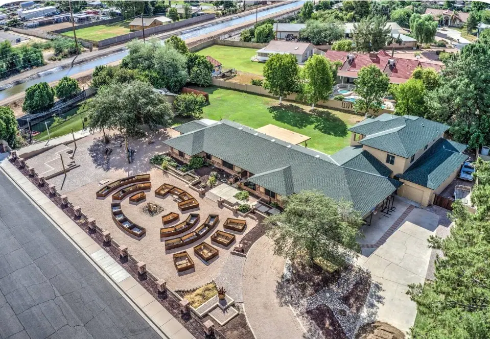 Aerial view of the Solstave garden and gathering space
